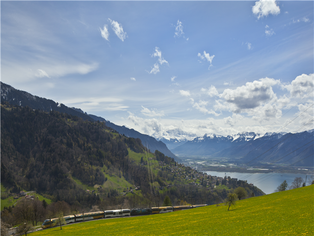 열차 여행의 로망! 스위스 관광열차의 자랑 '골든 패스'입니다. 
몽트뢰~츠바이짐멘~인터라켄~루체른 구간을 오가며, 총 거리는 191KM, 운행시간은 약5시간 소요됩니다. 스위스의 아름다운 자연을 만끽해보세요!
